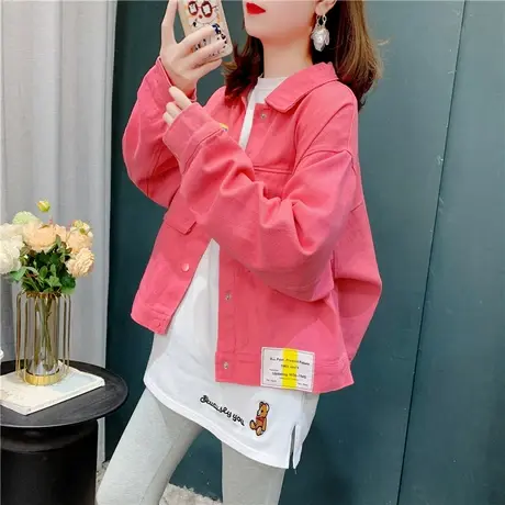 糖果色短款牛仔外套女2023新款早秋韩版宽松百搭复古休闲夹克上衣商品大图