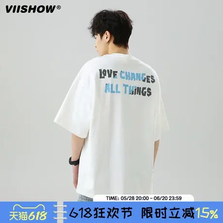 VIISHOW情侣字母印花纯棉短袖美式高街潮牌休闲宽松体恤复古T恤男商品大图