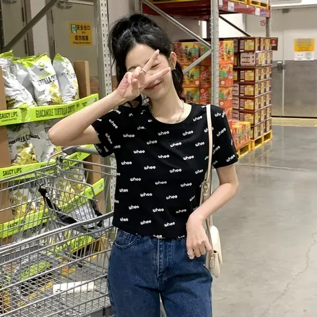 唐狮小众半袖体恤韩系chic别致上衣潮黑色短袖t恤女装夏季设计感图片