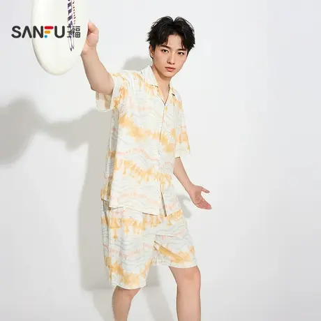 三福男夏季沙滩风情睡衣套装 宽松翻领短袖上衣裤子男503649商品大图