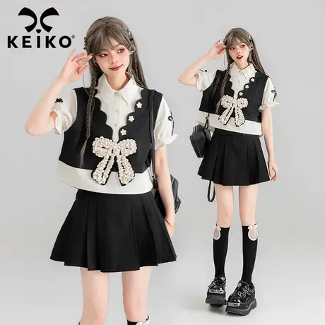 KEIKO 非正式学院假两件式短袖衬衫女夏季别致小众拼接泡泡袖上衣图片
