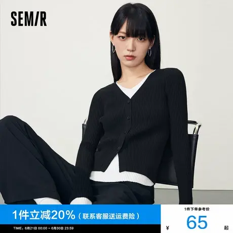 森马毛衣女短款假两件黑白撞色2024秋季新款套头修身V领针织衫潮商品大图