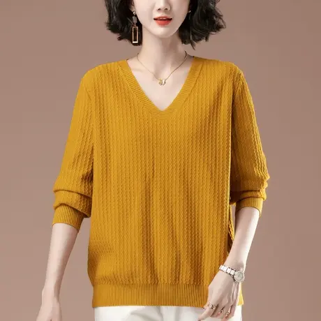 针织衫女春秋薄款加肥加大码女装中年妈妈休闲遮肚v领毛衣打底衫图片