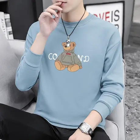 男士卫衣2023新款秋冬加绒小熊无帽上衣潮流宽松圆领长袖t恤百搭商品大图