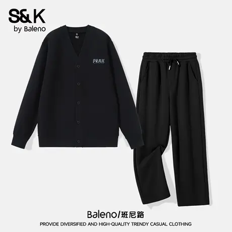 班尼路S&K黑色男士运动套装秋季2025新款V领连帽卫衣宽松型两件套图片