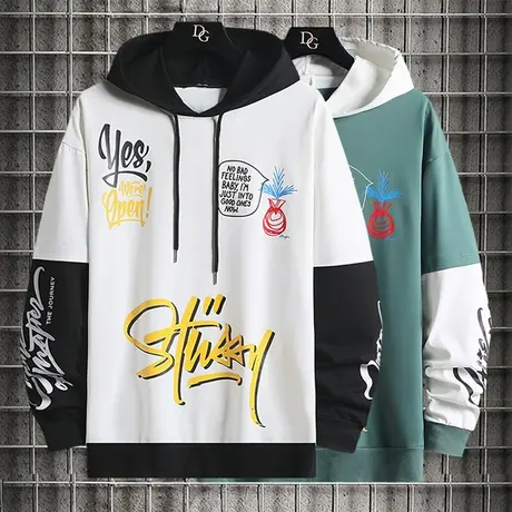 连帽卫衣男春秋款潮牌秋季男士外套拼接潮流印花青少年秋装上衣服商品大图
