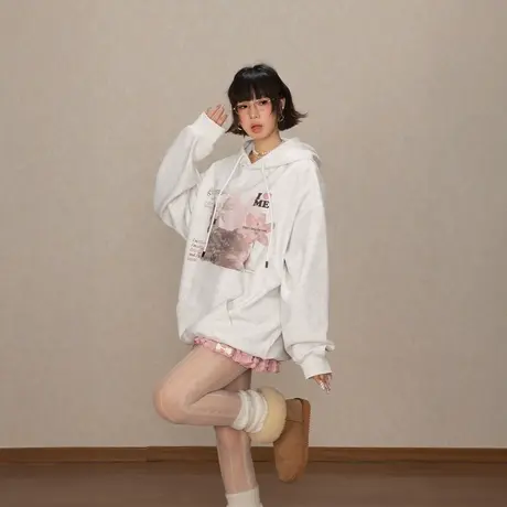 YEP国潮卡通印花连帽卫衣女春秋2025年新款宽松复古长袖帽衫外套商品大图