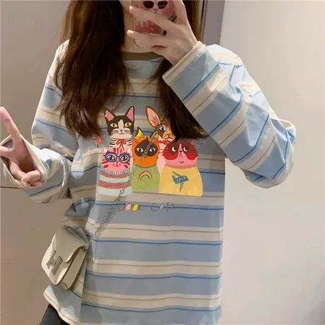 小众卡通蓝白条纹长袖t恤女秋季宽松慵懒风2025新款爆款防晒上衣商品大图