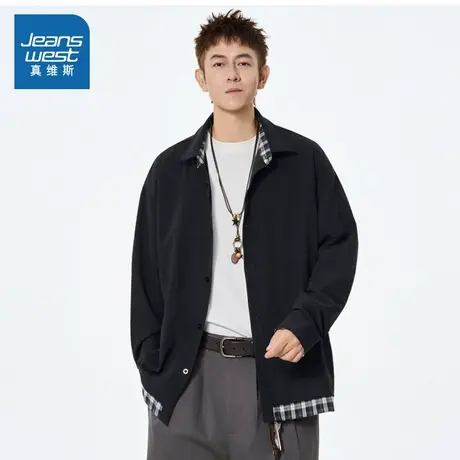 LE真维斯男女同款2025秋季新款 潮牌时尚拼接假两件宽松休闲衬衫商品大图