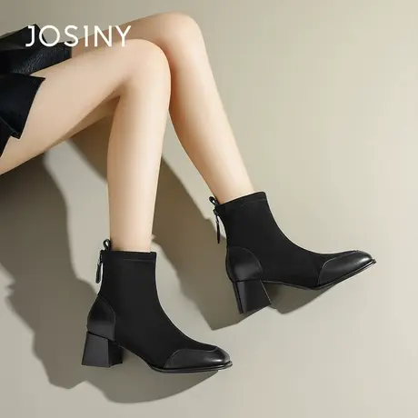 Josiny/卓诗尼方头粗跟短靴女黑色高跟显瘦气质百搭时装靴拼接图片