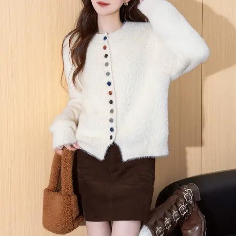 唐狮25秋冬新款毛衣开衫外套女日系慵懒风多纽扣设计圆领开衫女tu图片