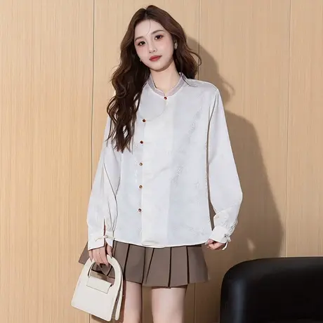 唐狮春夏新款女衬衫长袖新中式衬衣设计感国风盘口立领国潮TD图片