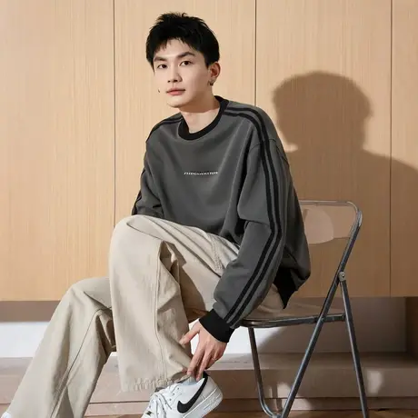 唐狮春秋新款圆领卫衣男士无帽青少年美式休闲上衣长袖外套潮TD商品大图