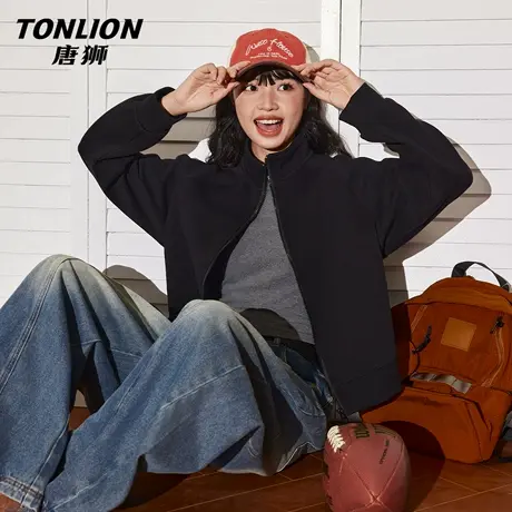 唐狮官方短款外套女2026新款春季立领宽松开衫卫衣运动黑色上衣VC商品大图