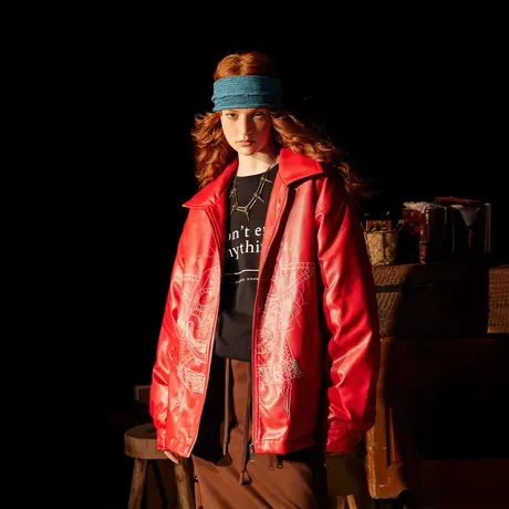 潮牌复古PU皮棉服女冬季夹棉外套2023新款街头设计感小众宽松棉衣图片