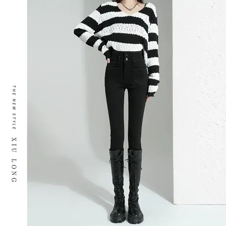 黑色美式牛仔裤女春秋2023年新款紧身小脚设计感小众修身铅笔裤子图片