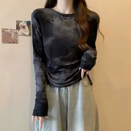 抽绳下摆长袖T恤女秋季宽松显瘦扎染设计感小众内搭打底衫上衣服商品大图