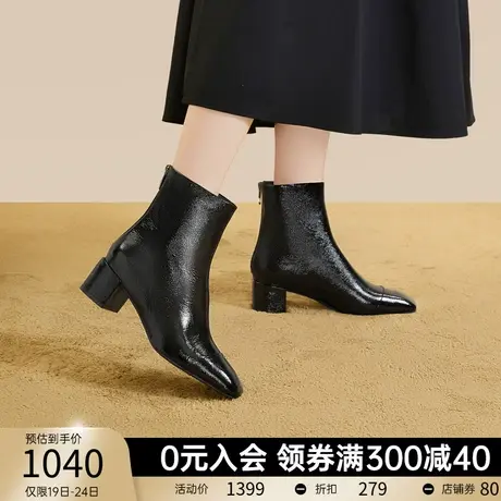 千百度通勤高跟靴2023秋冬新款粗跟时装靴瘦瘦靴短靴女鞋真皮保暖商品大图