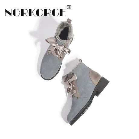 原创复古灰色短筒雪地靴女鞋真皮圆头马丁靴羊羔毛粗跟中跟短靴女商品大图