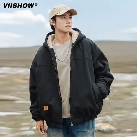 VIISHOW日系复古纯棉外套冬季仿羊羔绒连帽夹克男士加绒保暖棉服商品大图