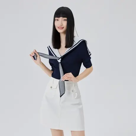 艾莱依商场同款海军领针织衫 奶系穿搭早春上衣 春装女2023年新款商品大图