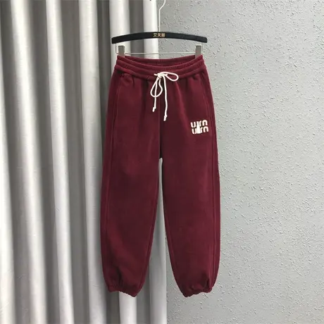 个性字母刺绣哈伦裤女23秋冬新款酒红色松紧腰高腰百搭九分束脚裤图片