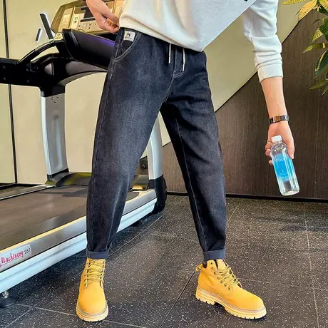 冬装潮牌牛仔裤男秋冬季新款水洗宽松小脚哈伦裤加绒保暖休闲长裤商品大图