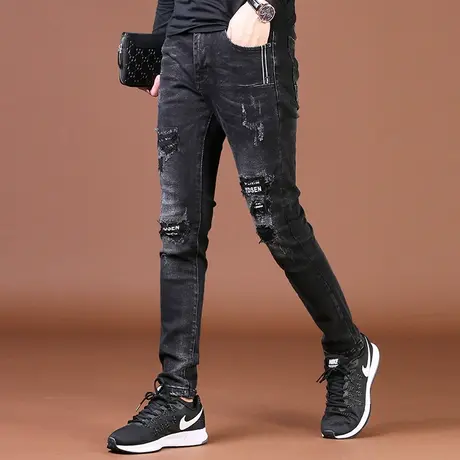 黑色破洞牛仔裤男秋冬款2023新款潮牌修身小脚裤潮流休闲男士裤子商品大图