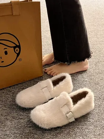 毛毛鞋女冬外穿2023新款一脚蹬豆豆鞋平底勃肯鞋加绒保暖孕妇棉鞋商品大图