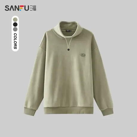 三福2023冬男士学院风兜领抽绳卫衣 时尚绒感宽松上衣男479251商品大图
