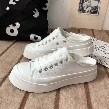 厚底帆布鞋女2023年春夏新款松糕一脚蹬ins百搭休闲大头小白鞋潮商品大图