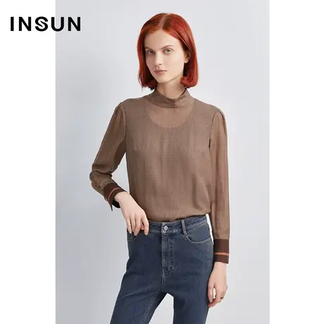 恩裳商场同款2022冬季时尚多色交织千鸟格抗皱轻薄真丝衬衫女商品大图