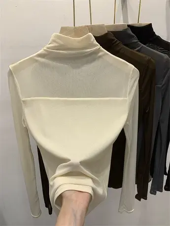 纯色半高领蕾丝打底衫女早秋内搭2023年新款网纱上衣雪纺衫女t恤商品大图