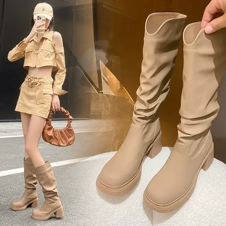 厚底西部牛仔靴堆堆靴子女2023秋冬新款高跟粗跟长靴女高筒长筒靴图片