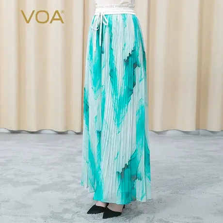VOA真丝拼接松紧腰抽绳褶皱青兰韵染双层乔其宽松桑蚕丝阔腿裤商品大图