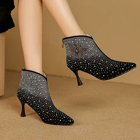 短靴女新款秋冬百搭加绒尖头细跟水钻性感宴会后拉链高跟鞋图片