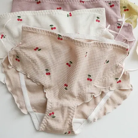 2条樱桃华夫格女士内裤纯棉裆日系荷叶边大码三角短裤少女夏秋薄商品大图