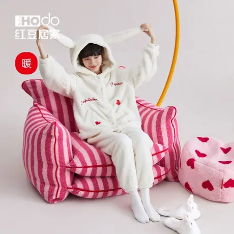 红豆女士珊瑚绒连帽睡衣套装可爱兔耳秋冬季加厚家居服套装可外穿商品大图