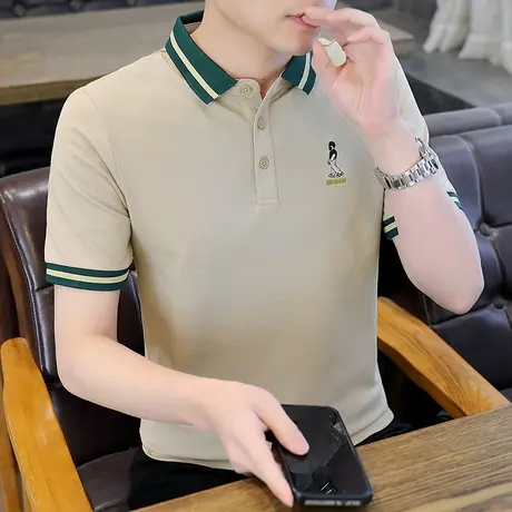 夏季短袖t恤男士条纹翻领纯棉刺绣上衣休闲polo衫大码衬衫领男装商品大图