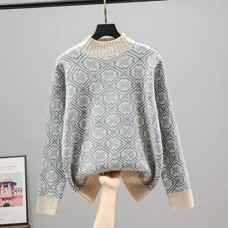 2023秋装新款韩版宽松半高领长袖套头针织衫打底毛衣女士百搭上衣商品大图