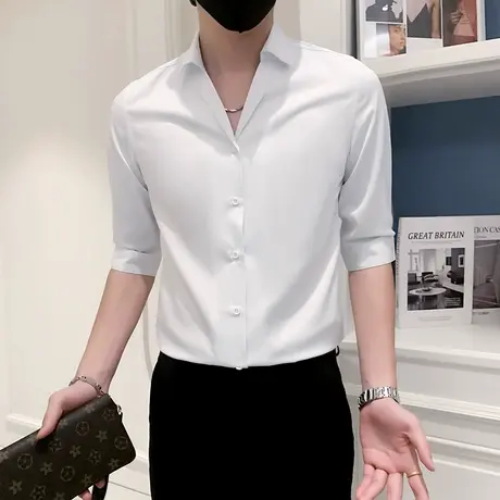 痞帅V领夏季白色衬衫男士短袖高级设计感冰丝薄款垂感轻熟风衬衣图片