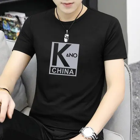 莫代尔夏装短袖t恤男士衣服冰丝潮流印花男装夏天黑色半袖体恤衫图片