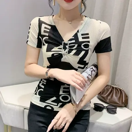 网纱印花上衣女2023年新款性感V领半袖小衫夏装设计感褶皱T恤短袖商品大图