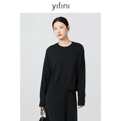 Yifini/易菲宽松圆领百搭保暖针织衫女春秋新款落肩舒适毛衫商品大图