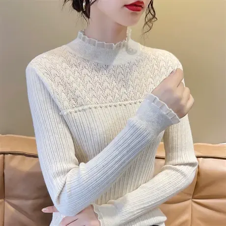 钉珠洋气蕾丝打底衫女内搭2023年秋冬装半高领修身百搭针织衫上衣商品大图