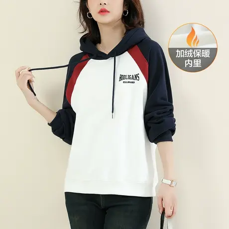 韩潮袭人 连帽拼接刺绣加绒卫衣女2023冬新款休闲百搭上衣设计感图片