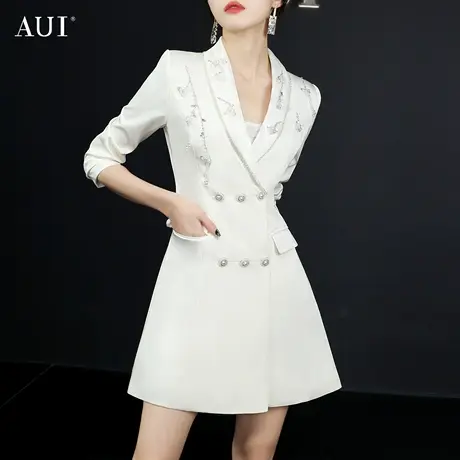 AUI白色设计感中长款西装外套女2024春秋新款名媛气质职业西服裙商品大图