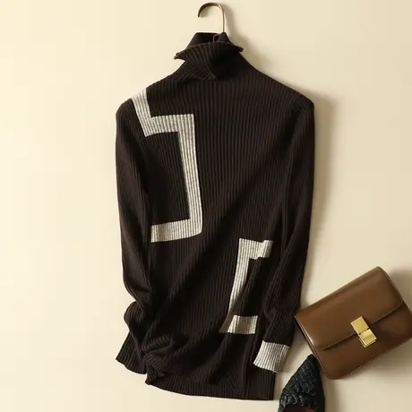 堆堆领撞色拼接套头针织衫女士新款秋冬洋气修身打底衫高领毛衣女图片