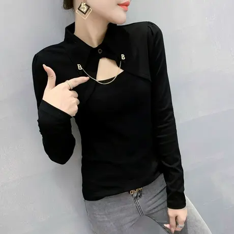 性感镂空长袖T恤小众设计感洋气上衣修身百搭加绒打底衫女秋冬潮商品大图