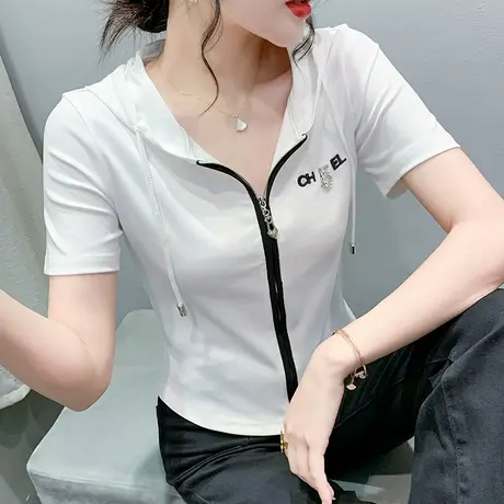 欧货连帽T恤女高腰短款短袖ins设计感拉链开衫上衣紧身显瘦小衫夏图片